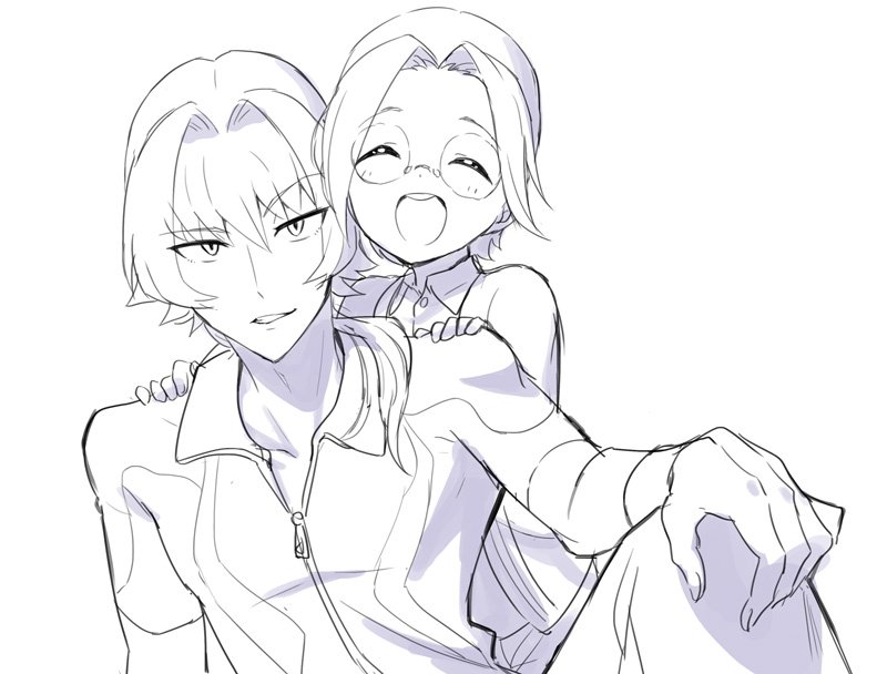 10s, 2boys, bad_id, bad_twitter_id, blush, closed_eyes, glasses, hand_on_own_knee