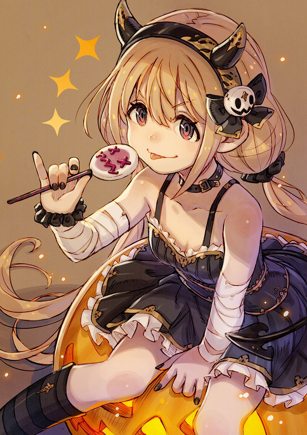 1girl, arm_wrap, bad_id, bad_pixiv_id, black_bow, black_collar, black_dress, black_nails