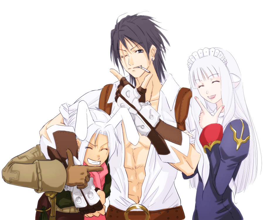 1girl, 2boys, animal_ears, axe_assa, blacksmith, blacksmith_(ragnarok_online), cigarette, long_hair
