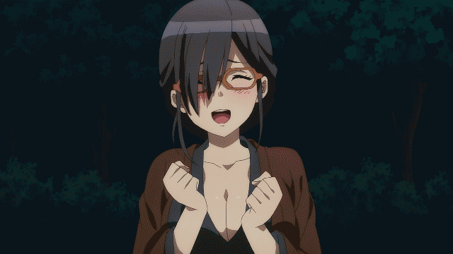 1girl, ^_^, animated, animated_gif, anime-gataris, black_hair, blush, breasts, cleavage, closed_eyes, female_focus, forest, glasses, grey_eyes, japanese_clothes, kouenji_miko, large_breasts, long_hair, looking_at_viewer, nature, night, ponytail, solo