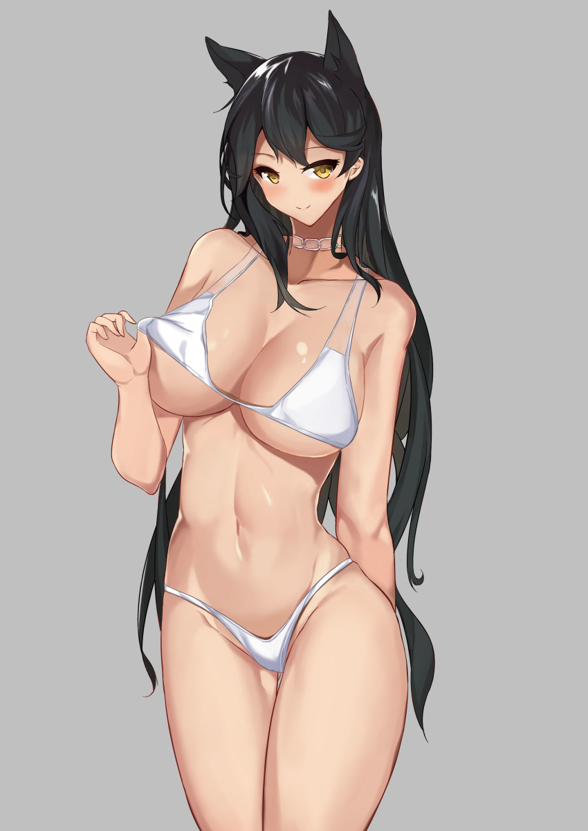 1girl, absurdres, animal_ears, atago_(azur_lane), azur_lane, bikini, black_hair, blush, breasts, choker, cowboy_shot, female_focus, grey_background, highres, large_breasts, long_hair, looking_at_viewer, lumu_yuanxiang, navel, shiny_skin, simple_background, smile, solo, standing, swimsuit, white_bikini, wolf_ears, yellow_eyes