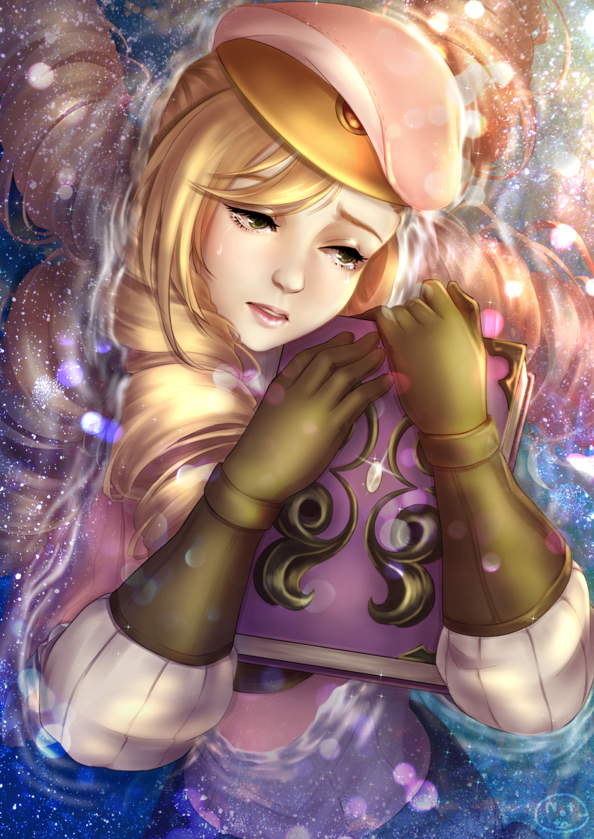 1boy, beret, blonde_hair, book, brynhildr_(tome), crying, drill_hair, fire_emblem, fire_emblem_fates, forrest_(fire_emblem), gloves, green_eyes, hat, highres, long_hair, male_focus, nintendo, nottomochi, solo, sparkle, teeth, trap, water