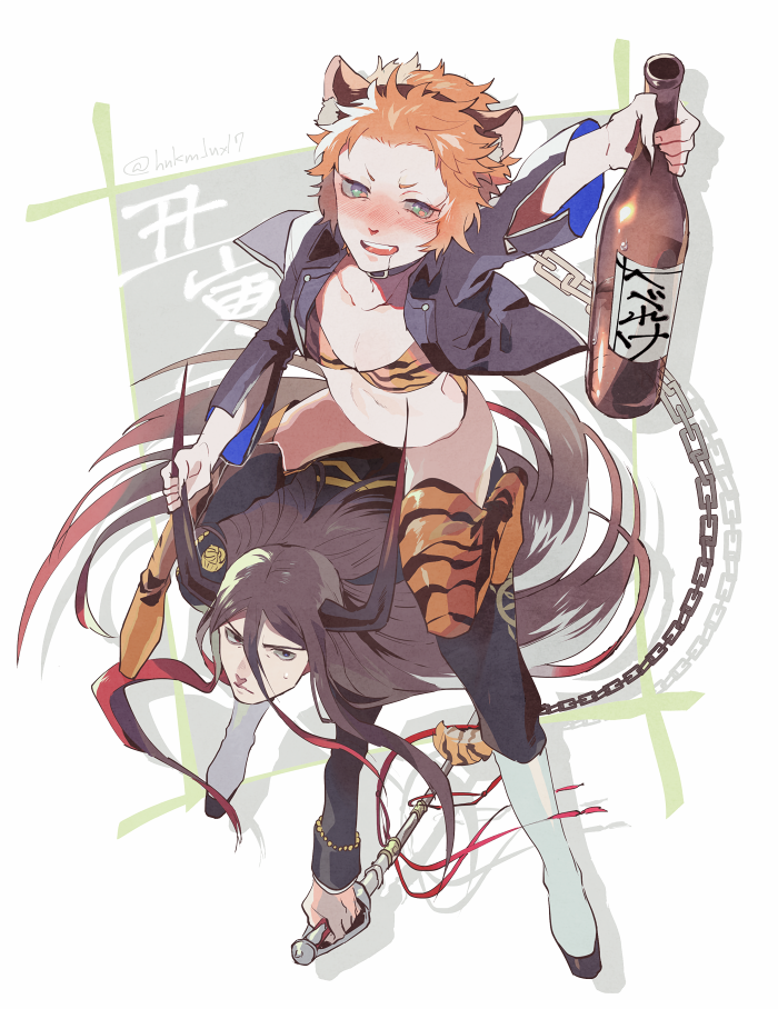 1boy, 1girl, aira_kanae, alcohol, animal_ears, beer, black_hair, blush