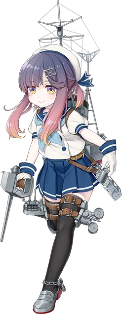 1girl, akasaka_yuzu, black_thighhighs, blue_neckerchief, blue_sailor_collar, blue_skirt, brown_eyes, depth_charge, depth_charge_projector, female_focus, full_body, gloves, gradient_hair, hat, kantai_collection, long_hair, multicolored_hair, neckerchief, official_art, pleated_skirt, puffy_short_sleeves, puffy_sleeves, purple_hair, rigging, sailor_collar, sailor_hat, school_uniform, serafuku, ship_turret, short_sleeves, skirt, smile, solo, thighhighs, transparent_background, tsushima_(kancolle), white_background, white_gloves, white_hat, zettai_ryouiki