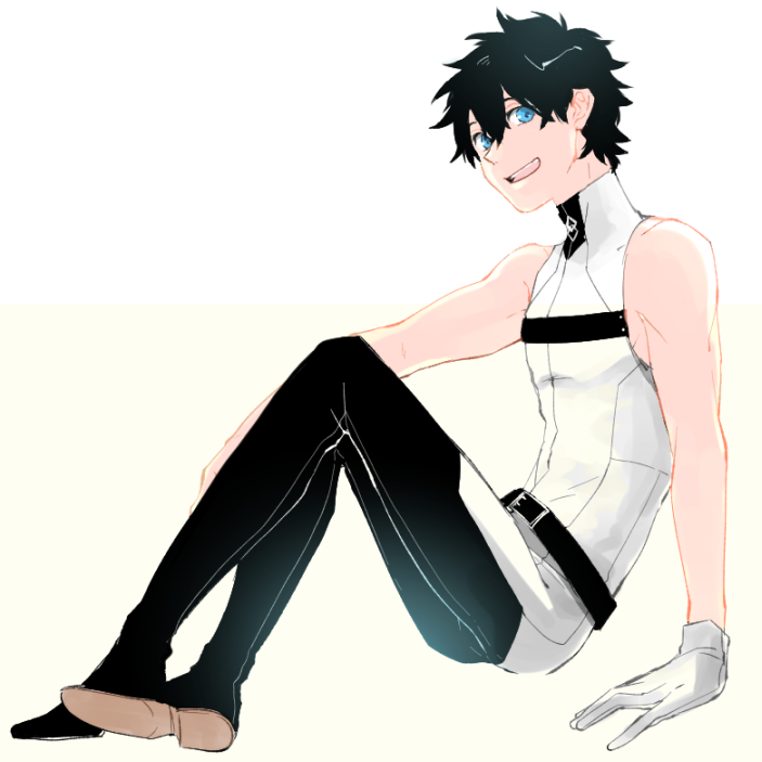 1boy, adapted_costume, black_hair, blue_eyes, fate/grand_order, fate_(series), fujimaru_ritsuka_(male), gloves, looking_at_viewer, male_focus, open_mouth, shirt, simple_background, sitting, sleeveless, sleeveless_shirt, smile, solo, t3run, white_background, white_gloves