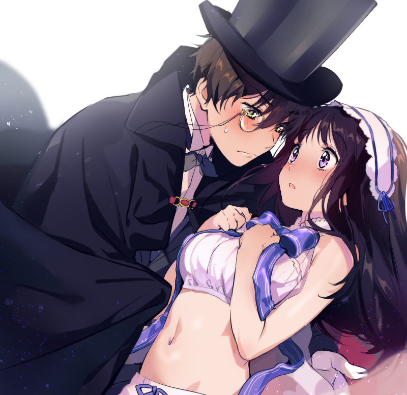 1boy, 1girl, black_hair, blush, bow, breasts, brown_hair, cape