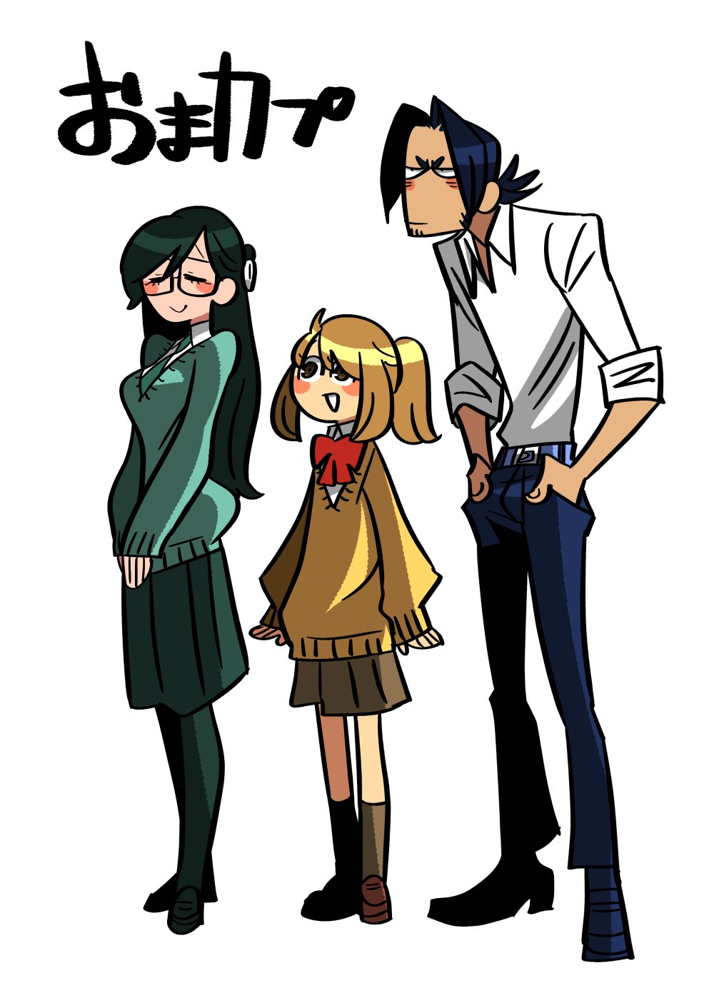 1boy, 2girls, black_hair, blonde_hair, brown_eyes, closed_eyes, dark-skinned_male, dark_skin