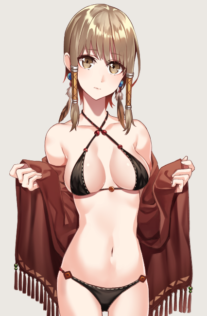 1girl, bad_id, bad_pixiv_id, bikini, black_bikini, blush, breasts, brown_eyes