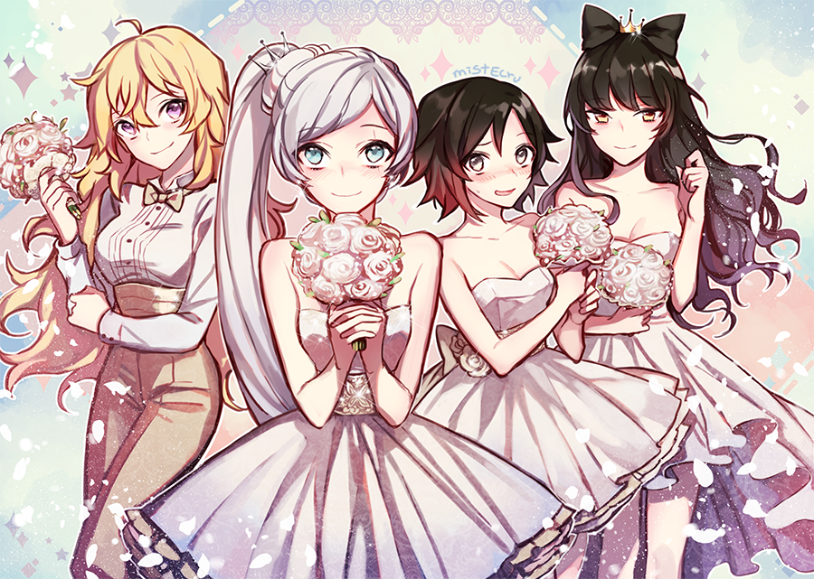 4girls, ahoge, alternate_costume, artist_name, bad_id, bad_twitter_id, black_hair, blake_belladonna, blonde_hair, blue_eyes, blush, bouquet, bow, bowtie, breasts, cleavage, crown, dress, ecru, flower, grey_eyes, hair_bow, mini_crown, multiple_girls, petals, purple_eyes, red_hair, ruby_rose, rwby, scar, scar_across_eye, scar_on_face, strapless, strapless_dress, tuxedo, tuxedo_shirt, wedding_dress, weiss_schnee, white_hair, yang_xiao_long, yellow_eyes