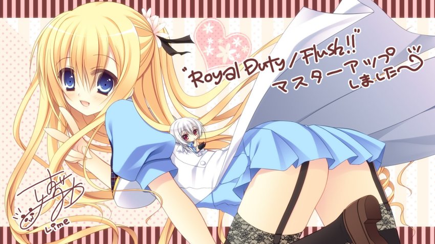 2girls, blonde_hair, blue_eyes, blush, brown_footwear, chibi, dress, female_focus