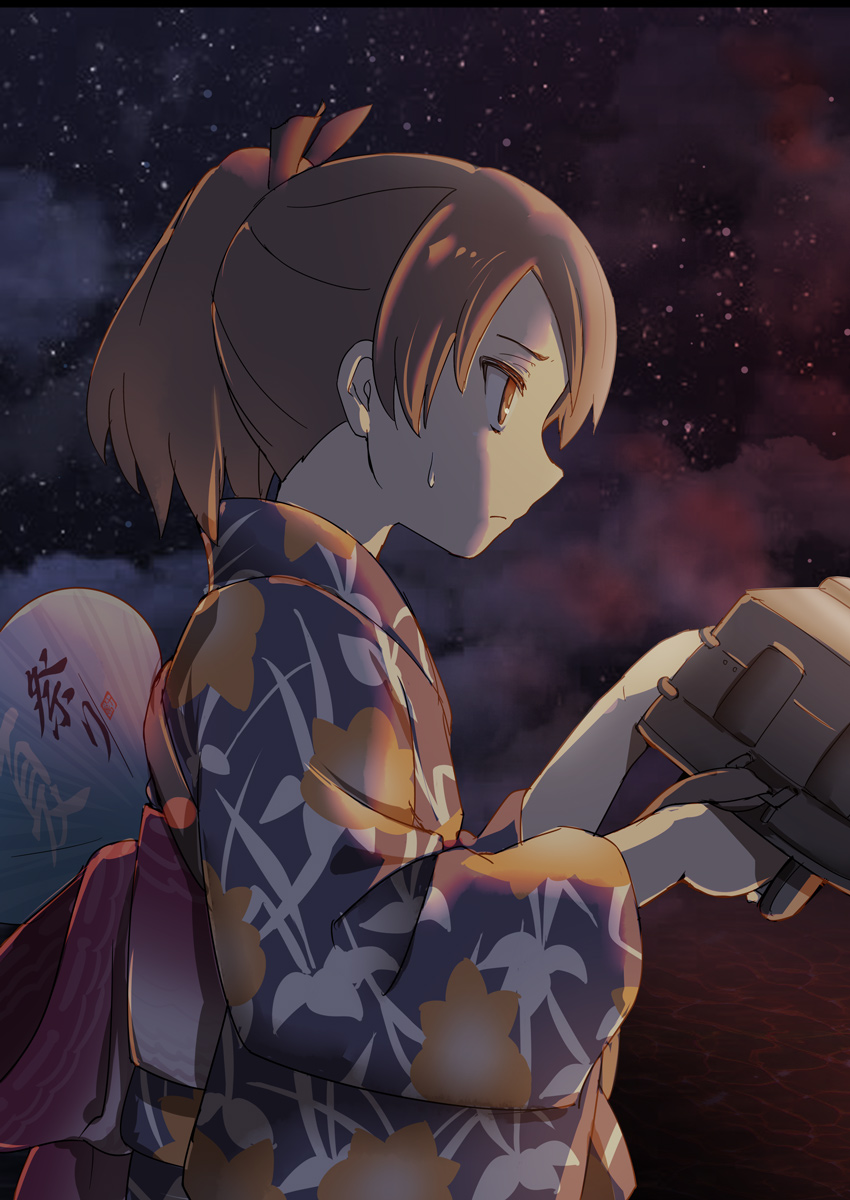 1girl, aka_ringo, alternate_costume, brown_eyes, brown_hair, commentary_request, dark, female_focus, from_side, hair_ribbon, hand_fan, highres, japanese_clothes, kantai_collection, kimono, night, ponytail, ribbon, shikinami_(kancolle), shikinami_(yukata)_(kancolle), ship_turret, short_hair, solo, star_(sky), sweat, upper_body, yukata