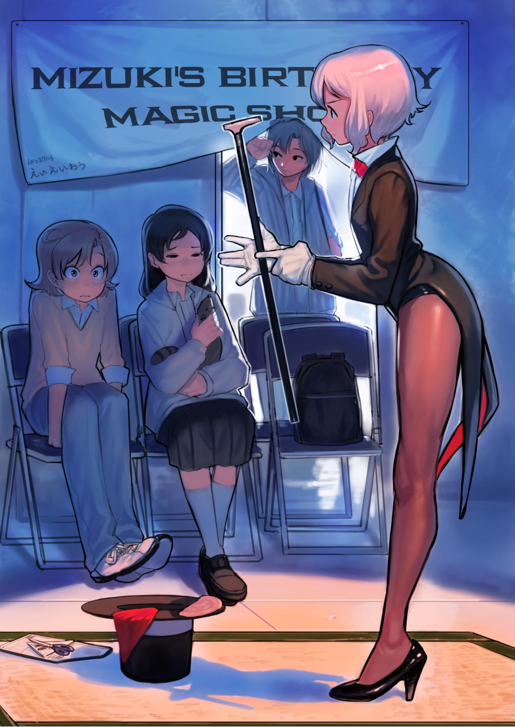 4girls, backpack, bad_id, bad_twitter_id, bag, birthday, blue_hair, bow