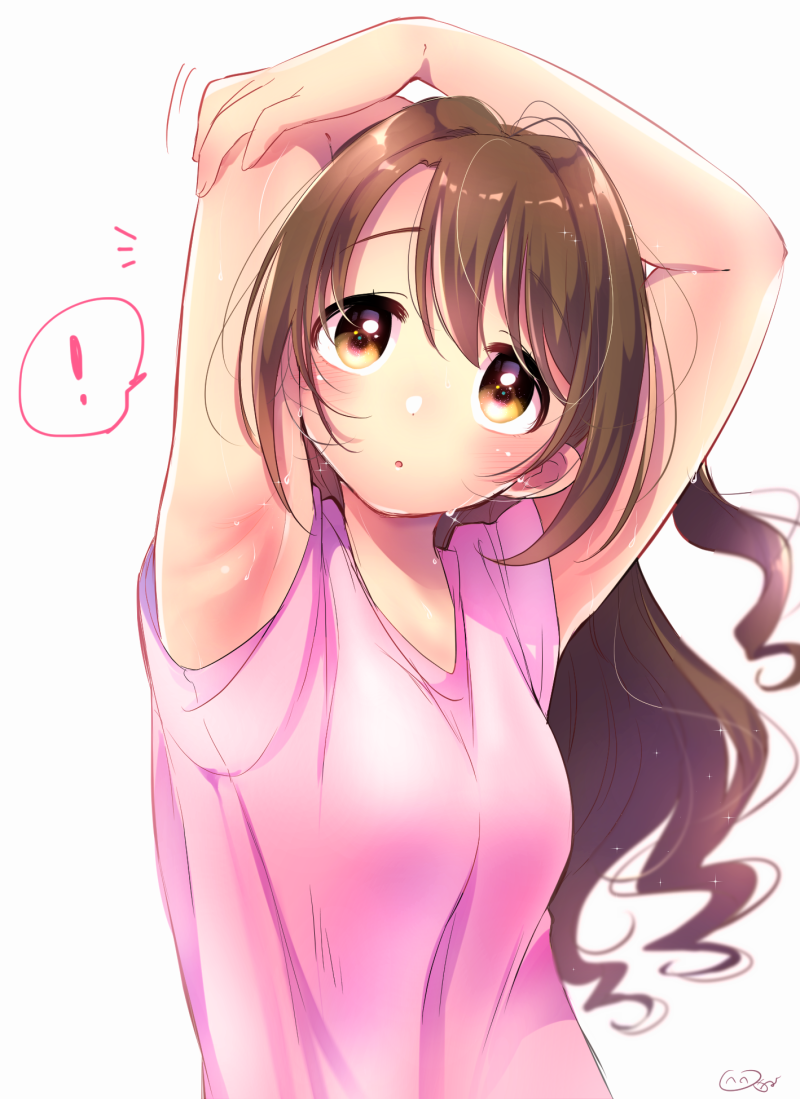 !, 1girl, :o, ^^^, armpits, arms_up, bare_arms, blurry, blush, breasts, brown_hair, depth_of_field, female_focus, hair_between_eyes, hair_intakes, hand_on_own_arm, idolmaster, idolmaster_cinderella_girls, jamu, long_hair, looking_up, messy_hair, open_mouth, pink_shirt, shimamura_uzuki, shiny_skin, shirt, short_sleeves, signature, simple_background, small_breasts, solo, speech_bubble, stretching, sweat, upper_body, wavy_hair, white_background, yellow_eyes