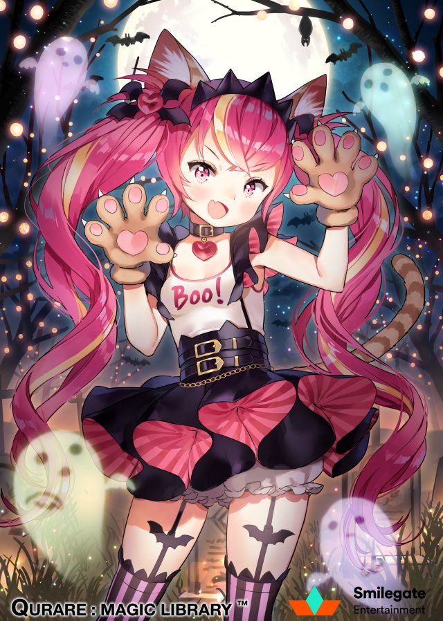 1girl, :d, anco_(melon85), animal_ears, animal_hands, bare_tree, bat_(animal), bat_wings, black_collar, black_skirt, blonde_hair, bloomers, blush, breasts, clothes_writing, collar, colored_stripes, commentary_request, copyright_name, dr_moreau, fang, female_focus, full_body, garter_straps, ghost, gloves, hair_ornament, head_tilt, headdress, heart, heart_hair_ornament, long_hair, looking_at_viewer, multicolored_hair, night, official_art, open_mouth, outdoors, paw_gloves, pink_eyes, pink_hair, qurare_magic_library, shirt, sidelocks, skirt, sky, sleeveless, sleeveless_shirt, small_breasts, smile, solo, star_(sky), starry_sky, streaked_hair, striped_clothes, striped_thighhighs, tail, thighhighs, tiger_ears, tiger_girl, tiger_tail, tombstone, tree, tsurime, twintails, underwear, v-shaped_eyebrows, vertical-striped_clothes, vertical-striped_thighhighs, very_long_hair, white_bloomers, white_shirt, wings