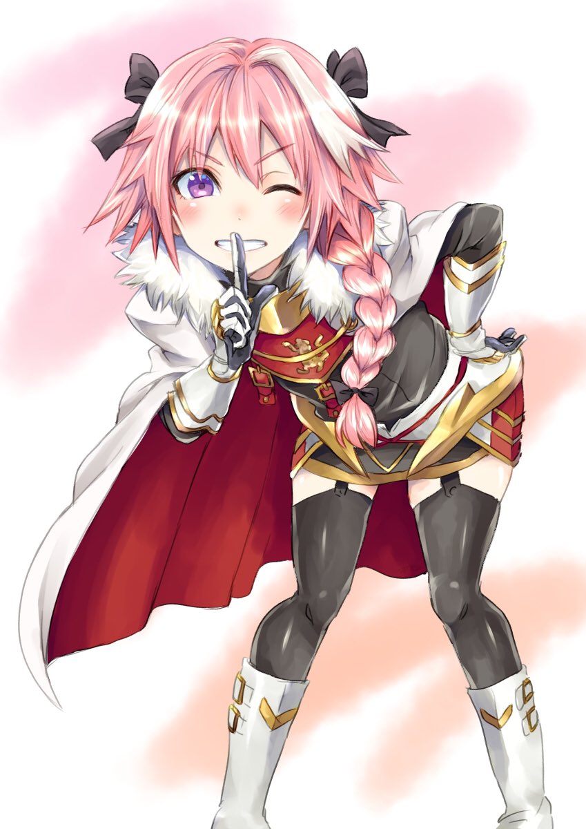 1boy, armor, astolfo_(fate), astolfo_(rider)_(fate), bent_over, black_ribbon, black_thighhighs, blush