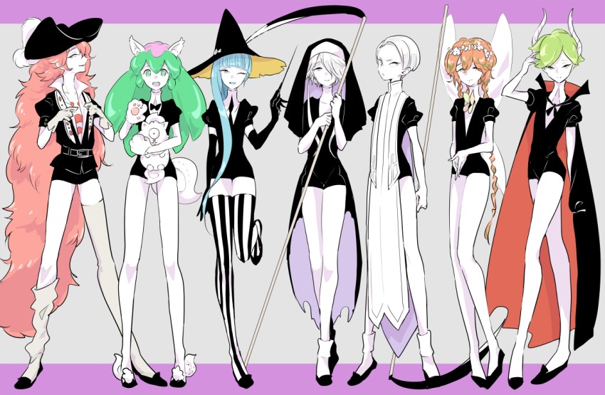 6+others, androgynous, animal_ears, asymmetrical_legwear, black_footwear, black_neckwear, black_shorts, blouse