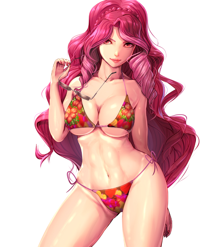 10s, 1girl, aikatsu!, aikatsu!_(series), aikatsu_stars!, bikini, braid, breasts, cleavage, elza_forte, female_focus, floral_print, french_braid, harihisa, holding, holding_removed_eyewear, large_breasts, lips, long_hair, looking_at_viewer, nail_polish, red_bikini, red_eyes, red_hair, side-tie_bikini_bottom, simple_background, solo, swimsuit, underboob, unworn_eyewear, white_background