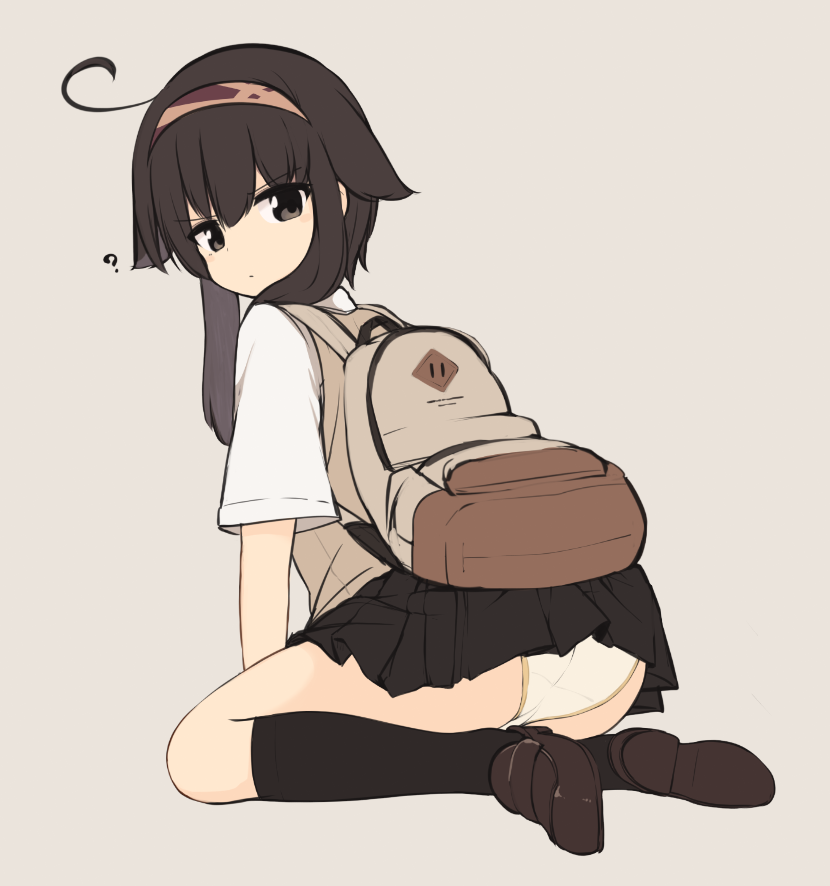 1girl, ?, accidental_exposure, ahoge, ass, backpack, bag, beige_background