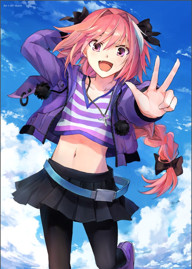 1boy, :d, arm_behind_head, arm_up, astolfo_(fate), astolfo_(memories_at_trifas)_(fate), black_bow, black_pantyhose