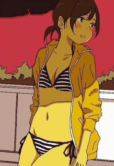 1girl, arms_at_sides, averting_eyes, bikini, bikini_day, black_bikini, black_eyes, blush_stickers