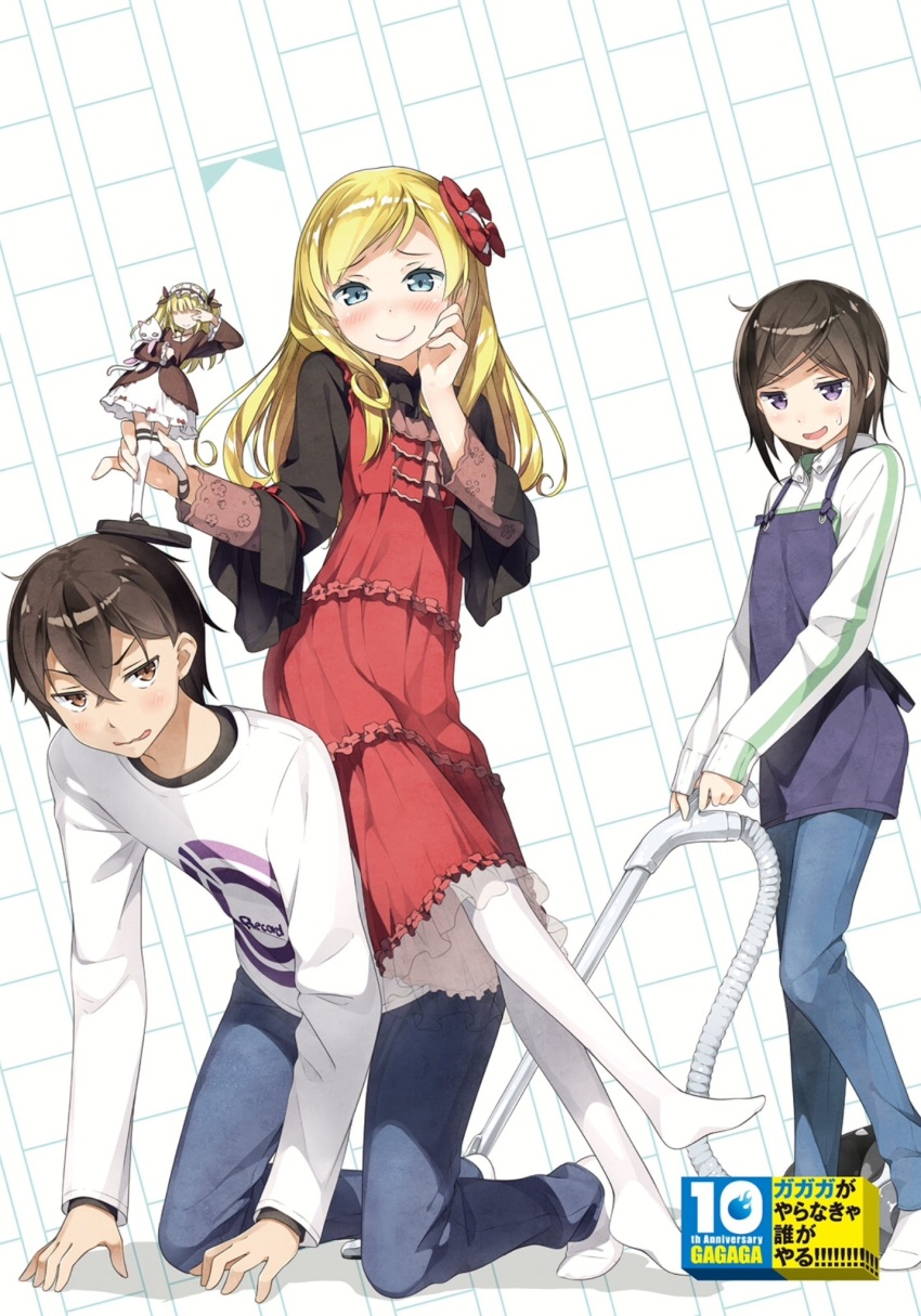 10s, 1boy, 2girls, black_shirt, blonde_hair, blue_eyes, blue_pants, blush