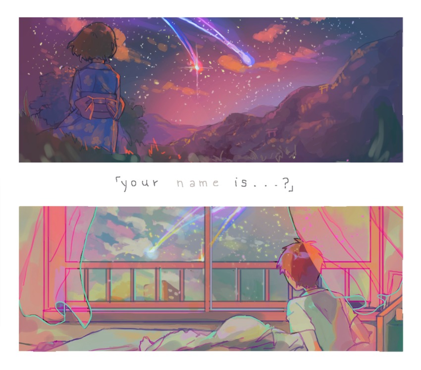 1boy, 1girl, brown_hair, comet, commentary, highres, japanese_clothes, kimi_no_na_wa.