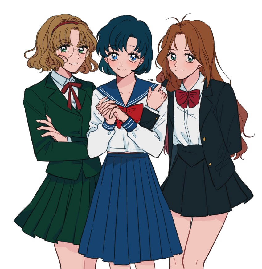 3girls, ai_tenshi_densetsu_wedding_peach, antenna_hair, bishoujo_senshi_sailor_moon, blonde_hair, blue_hair, brown_hair, com_(com0107), crossover, female_focus, glasses, hairband, highres, hououji_fuu, long_hair, looking_at_viewer, magic_knight_rayearth, mizuno_ami, multiple_crossover, multiple_girls, olm_(studio), own_hands_clasped, own_hands_together, pleated_skirt, school_uniform, serafuku, short_hair, simple_background, skirt, tanima_yuri, tms_entertainment, toei_company, white_background