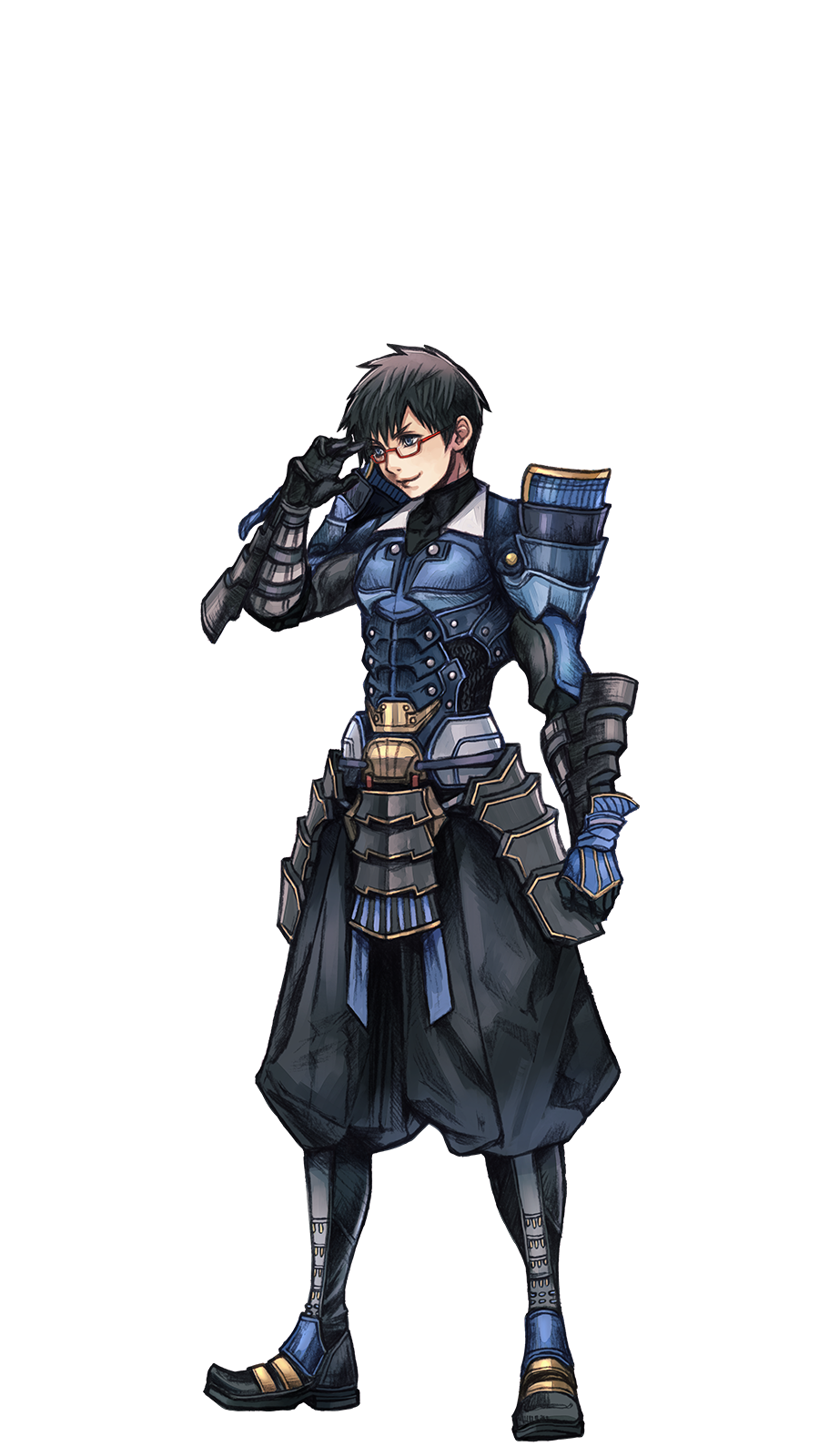 1boy, akhos_(xenoblade), armor, black_hair, blue_eyes, dou, full_body, glasses