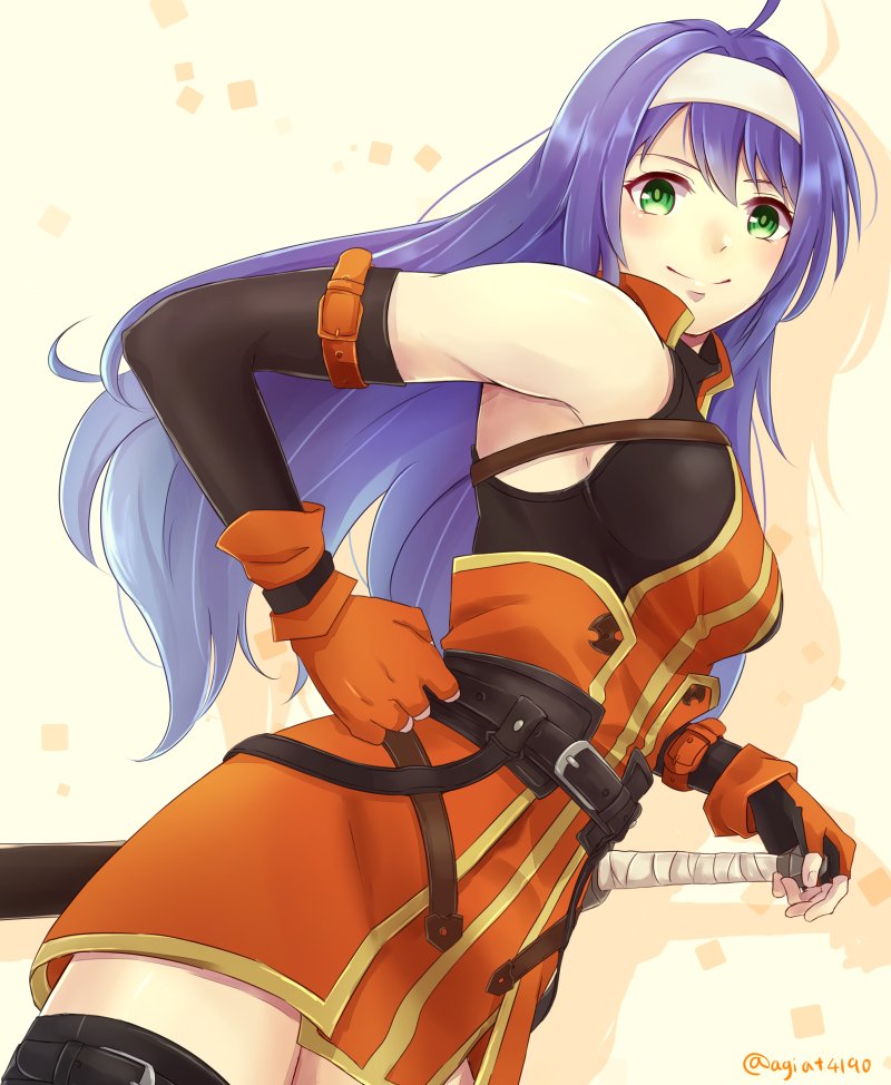 1girl, ahoge, bare_shoulders, belt, blue_hair, blush, breasts, detached_sleeves, female_focus, fingerless_gloves, fire_emblem, fire_emblem_heroes, gloves, green_eyes, hairband, long_hair, looking_at_viewer, medium_breasts, mia_(fire_emblem), nintendo, purple_hair, smile, solo, sword, taiga_kazame, thighhighs, weapon