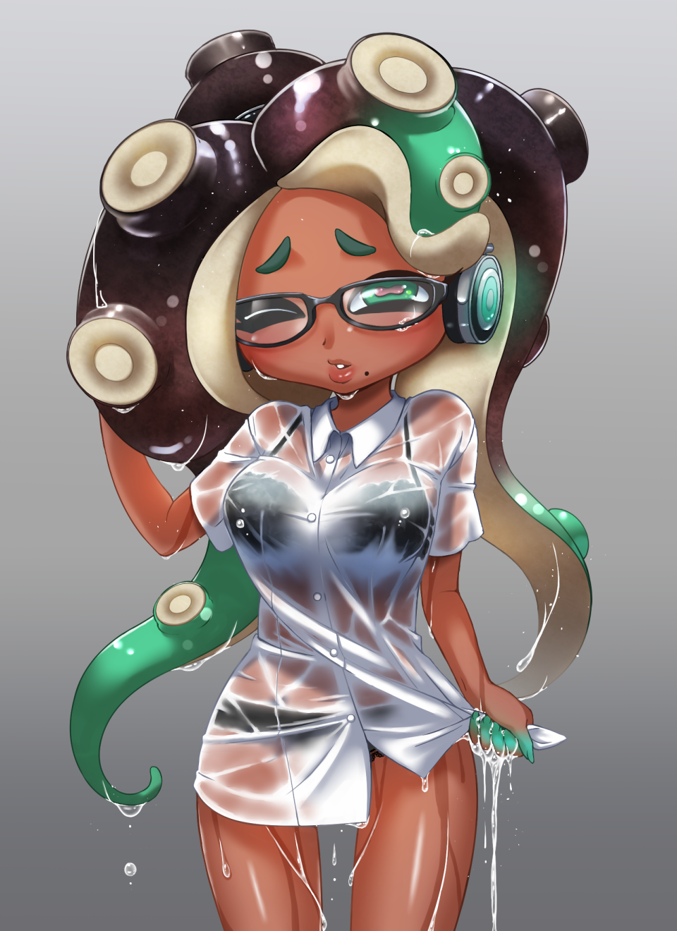 1girl, aqua_eyes, aqua_hair, aqua_nails, bikini, black_bikini, black_hair, blush, breasts, collared_shirt, commentary_request, cowboy_shot, dark-skinned_female, dark_skin, female_focus, grey_background, hand_in_own_hair, headphones, highres, long_hair, looking_at_viewer, ma2da, marina_(splatoon), medium_breasts, mole, mole_under_mouth, nail_polish, nintendo, no_pants, octoling, off_shoulder, one_eye_closed, parted_lips, see-through_clothes, shirt, shirt_tug, short_hair, short_sleeves, simple_background, solo, splatoon_(series), splatoon_2, standing, swimsuit, t-shirt, tentacle_hair, wet, wet_clothes, wet_hair, wet_shirt, white_shirt