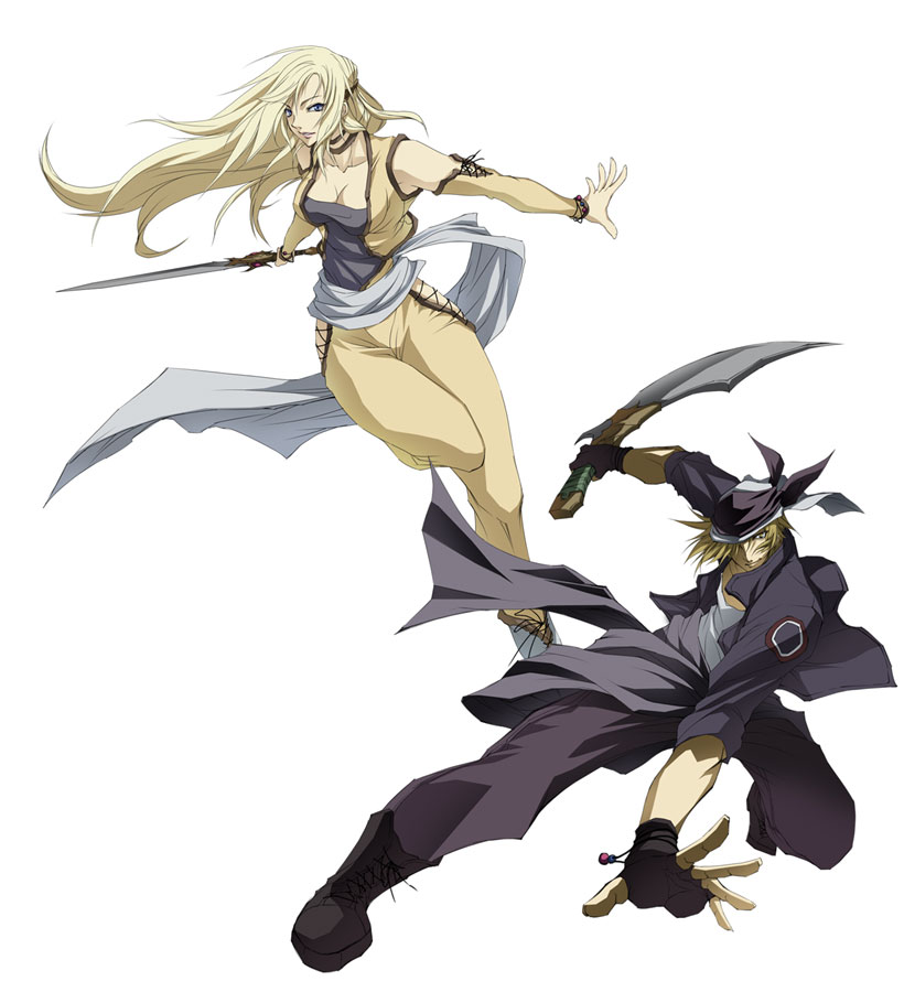 1990s_(style), 1boy, 1girl, bandana, blonde_hair, blue_eyes, breasts, celes_chere