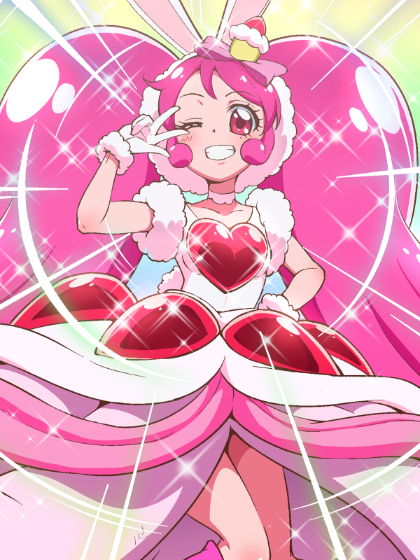 10s, 1girl, a_la_mode_style_(precure), animal_ears, bow, cake_hair_ornament, choker, cropped_legs, cure_whip, cure_whip_(a_la_mode_style), dress, female_focus, food-themed_hair_ornament, gloves, grin, hair_bow, hair_ornament, hand_on_own_hip, kirakira_precure_a_la_mode, layered_dress, long_hair, looking_at_viewer, magical_girl, one_eye_closed, pink_bow, pink_hair, precure, rabbit_ears, red_eyes, smile, solo, sparkle, tj-type1, usami_ichika, v, white_gloves, white_neckwear