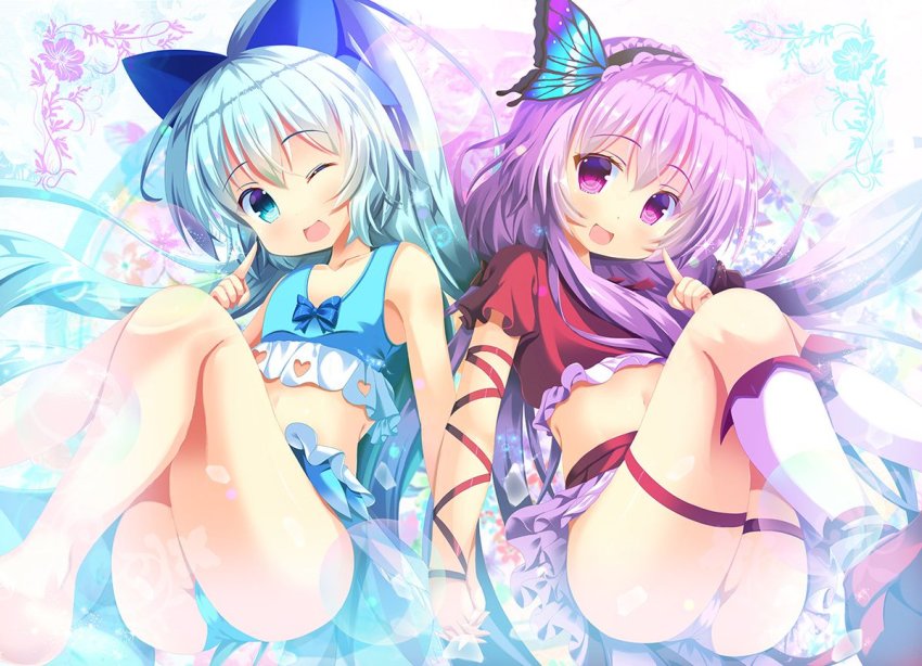 2girls, ;d, arm_ribbon, barefoot, blue_bow, blue_eyes, blue_hair, blue_panties