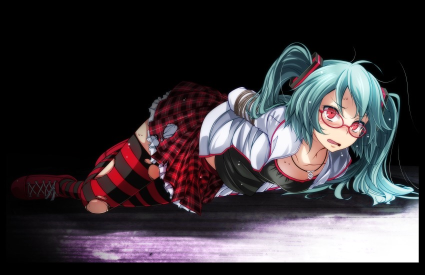 00s, 1girl, ahoge, aqua_hair, arms_behind_back, arms_up, bdsm, black_border, black_shirt, blush, bondage, border, bound, bound_arms, breasts, collarbone, dark_background, female_focus, foreshortening, frilled_skirt, frills, full_body, glasses, hatsune_miku, hatsune_miku_(natural), highres, jacket, jewelry, long_hair, long_sleeves, lying, miniskirt, necklace, nose_blush, on_stomach, open_clothes, open_jacket, open_mouth, plaid_clothes, plaid_skirt, pleated_skirt, project_diva_(series), red-framed_eyewear, red_shoes, red_skirt, shirt, shoes, skirt, small_breasts, solo, striped_clothes, striped_thighhighs, thighhighs, torn_clothes, torn_skirt, torn_thighhighs, tsukishiro_saika, tsurime, twintails, v-shaped_eyebrows, vocaloid, white_jacket