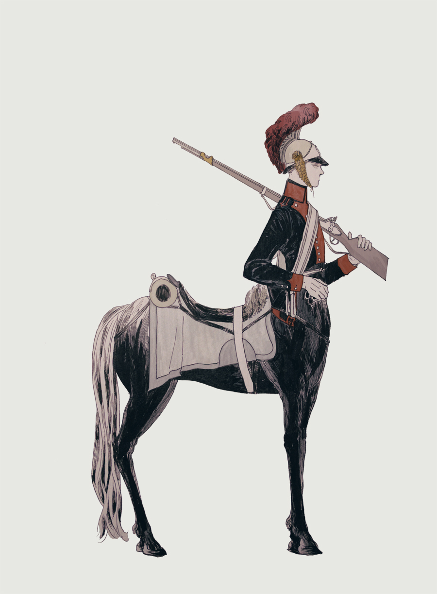 1boy, centaur, cochlea1313, full_body, gloves, grey_background, gun, helmet