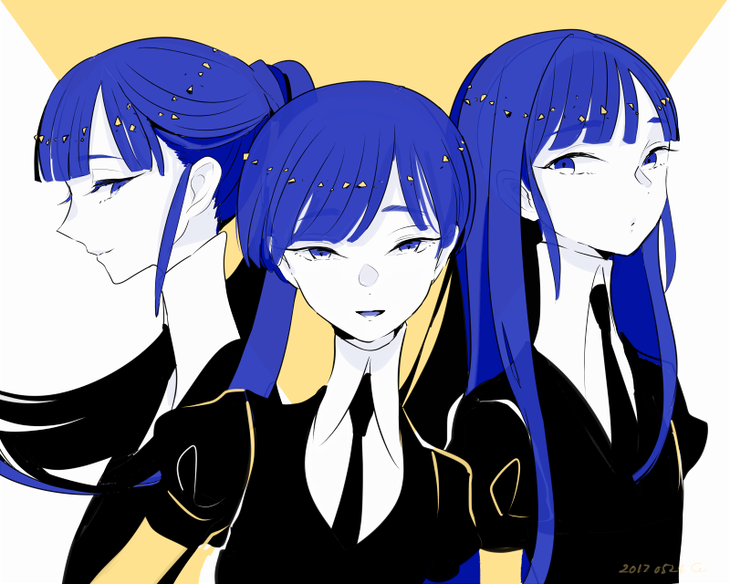3others, androgynous, black_neckwear, blue_eyes, blue_hair, cojima, crystal_hair, dated