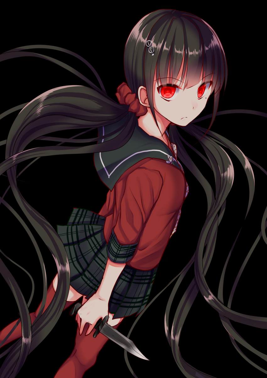 1girl, absurdres, akausagi, black_background, black_hair, black_skirt, blunt_bangs, closed_mouth