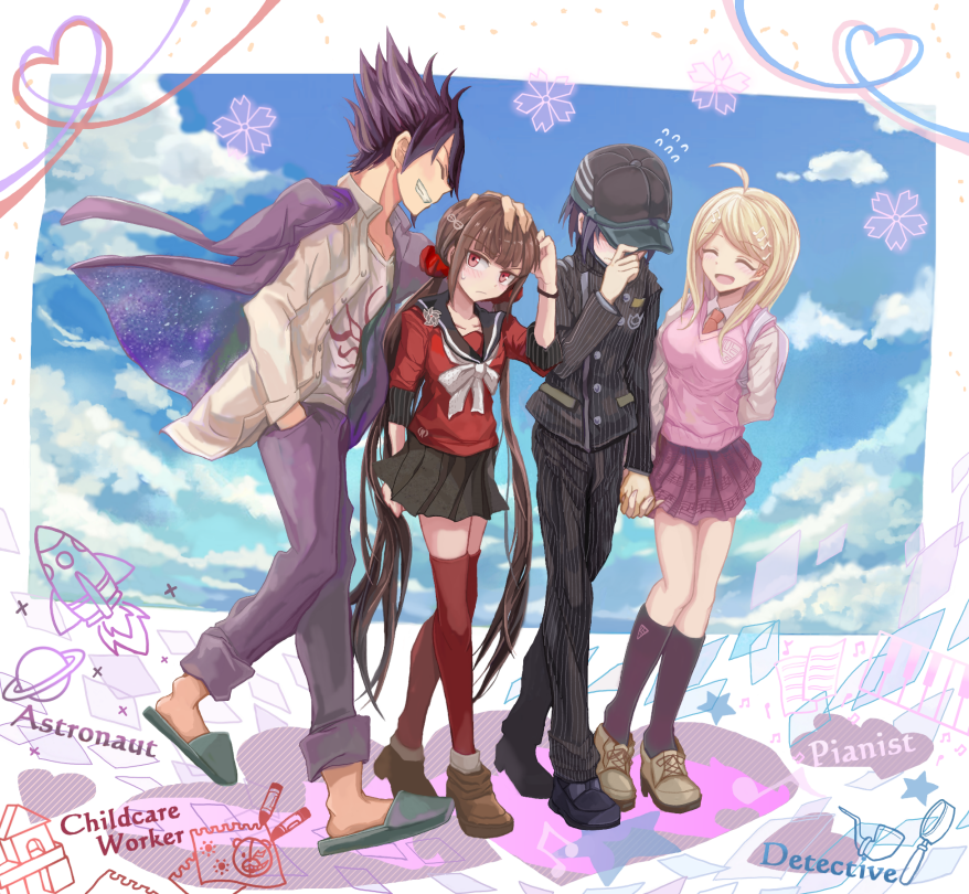 2boys, 2girls, :d, ^_^, ahoge, akamatsu_kaede, arm_behind_back, backpack