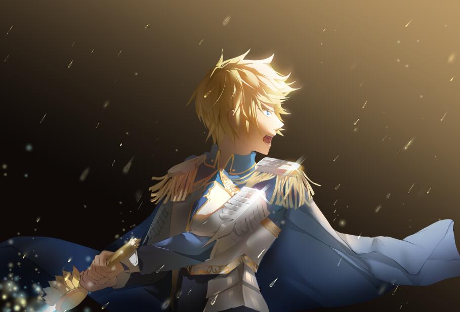1boy, armor, blonde_hair, blue_cape, blue_eyes, cape, epaulettes, gauntlets