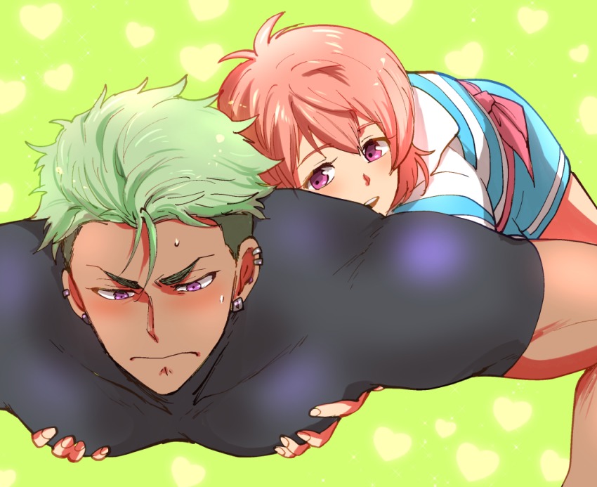 2boys, dark-skinned_male, dark_skin, green_background, green_hair, groping, king_of_prism, king_of_prism_by_prettyrhythm, looking_at_another, male_focus, multiple_boys, pectoral_grab, pectorals, pink_hair, pretty_rhythm, pretty_series, purple_eyes, saionji_reo, skin_tight, toroi_(run01211), yamato_alexander, yaoi