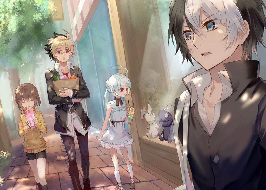 2boys, 2girls, :o, ^_^, alternate_costume, bag, belt, black_hair