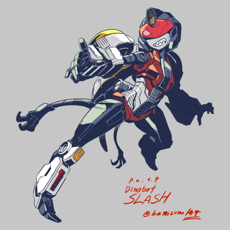 1girl, artist_name, autobot, breasts, character_name, claws, female_focus, full_body, grey_background, kamizono_(spookyhouse), legs, looking_at_viewer, machinery, personification, red_eyes, sharp_teeth, slash_(dinobot), smile, solo, teeth, transformers, transformers:_power_of_the_primes