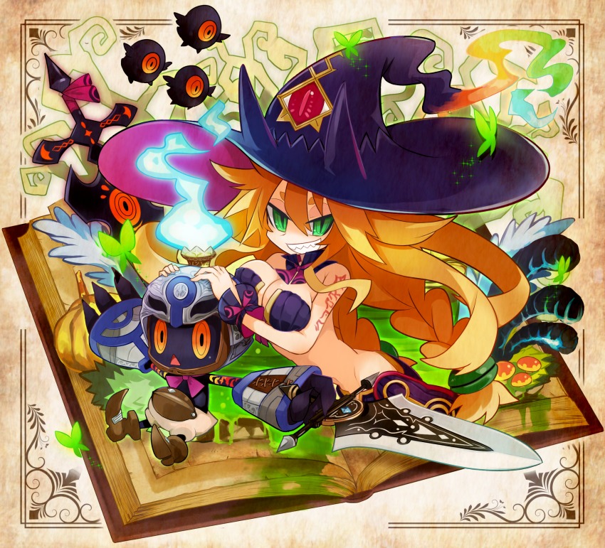 1girl, adhesive_bra, blonde_hair, bra, braid, breasts, cleavage, green_eyes, grin, hat, highres, hyakkihei, large_breasts, long_hair, majo_to_hyakkihei, metallica_(majo_to_hyakkihei), smile, twin_braids, underwear, usamasuku, very_long_hair, witch, witch_hat