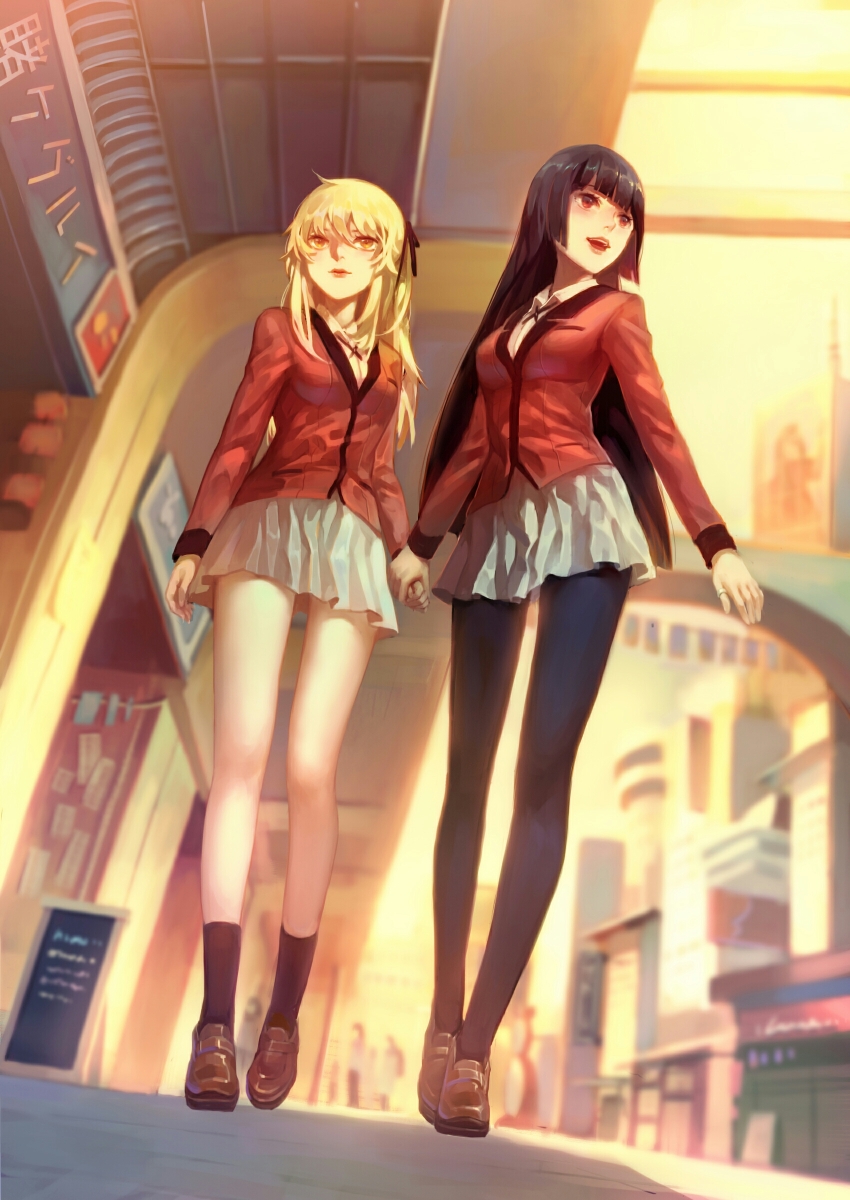 2girls, absurdres, arms_at_sides, bare_legs, black_hair, black_legwear, black_neckwear, blonde_hair, blurry, blurry_background, bolo_tie, breasts, collared_shirt, commentary, copyright_name, day, dutch_angle, from_below, hair_between_eyes, hair_ribbon, hand_grab, highres, hime_cut, holding_hands, jabami_yumeko, jacket, kakegurui, loafers, long_hair, looking_away, medium_breasts, multiple_girls, open_mouth, outdoors, pantyhose, parted_lips, pleated_skirt, red_eyes, red_jacket, ribbon, saotome_mary, sawamaharu, school_uniform, shade, shirt, shoes, shopping_district, sidewalk, skirt, smile, socks, storefront, sunlight, thumb_ring, two_side_up, very_long_hair, walking, white_shirt, white_skirt, yellow_eyes, yuri