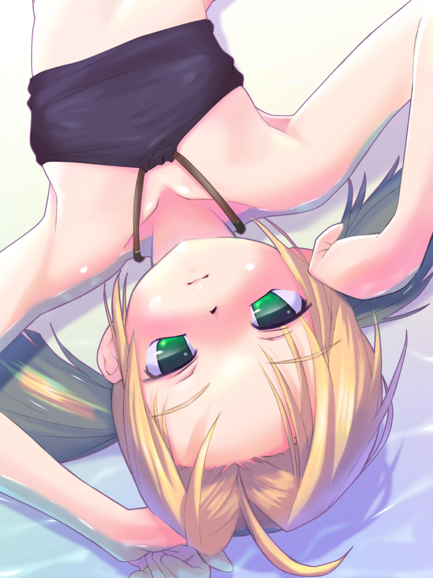 1girl, blonde_hair, blush, child, female_focus, flat_chest, green_eyes, highres, long_hair, lying, smile, solo, st+1, tank_top