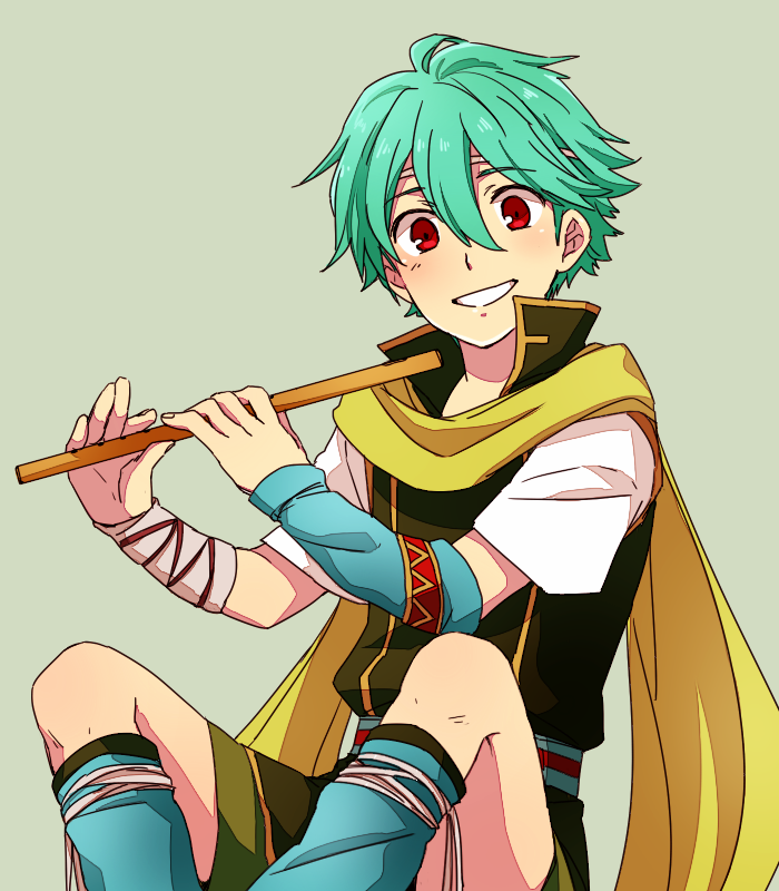 1boy, 31sgic, aqua_hair, circlet, fire_emblem, fire_emblem:_the_blazing_blade, flute, green_background