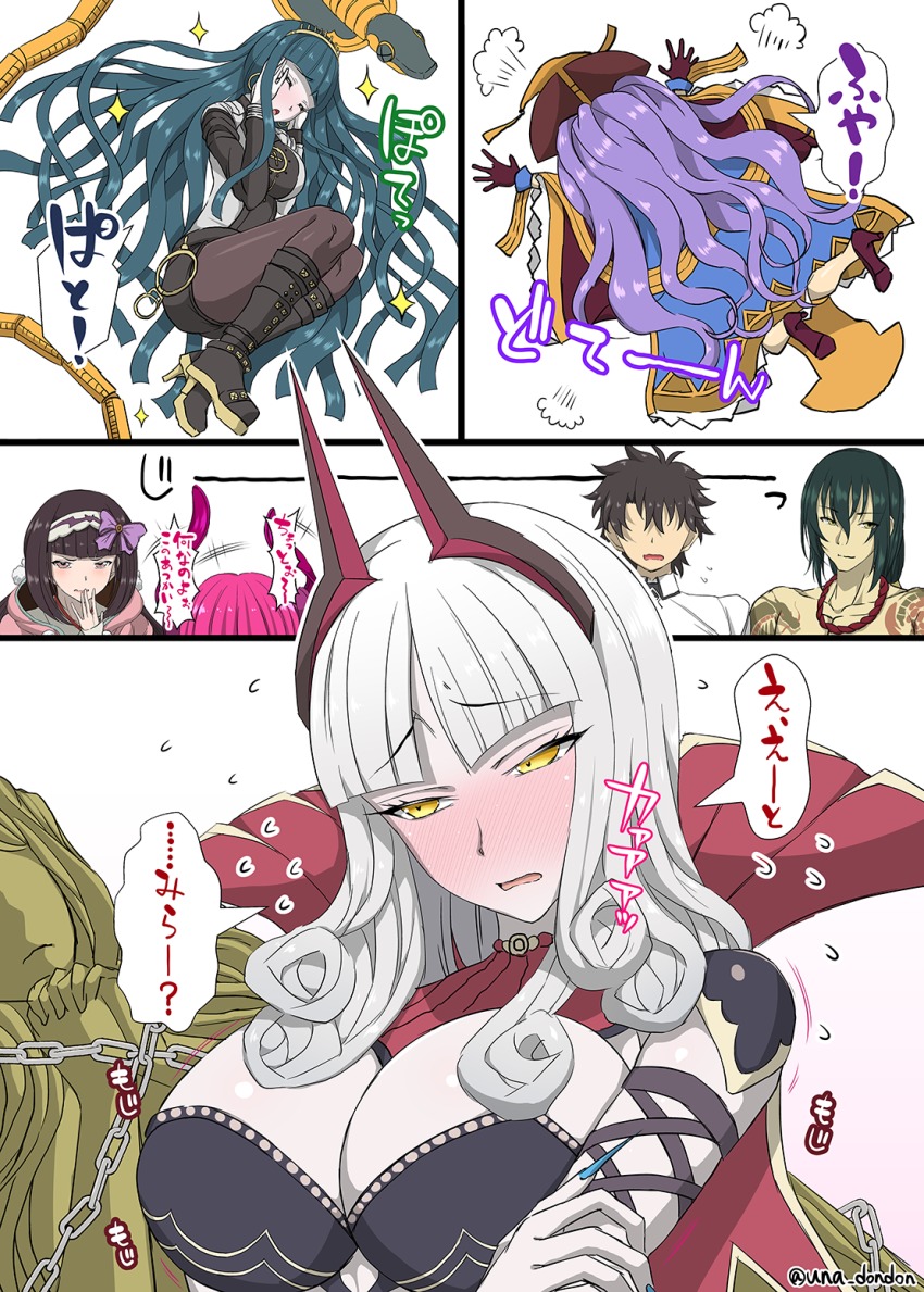 5girls, black_hair, blunt_bangs, blush, bracelet, breasts, brown_hair, carmilla_(fate)