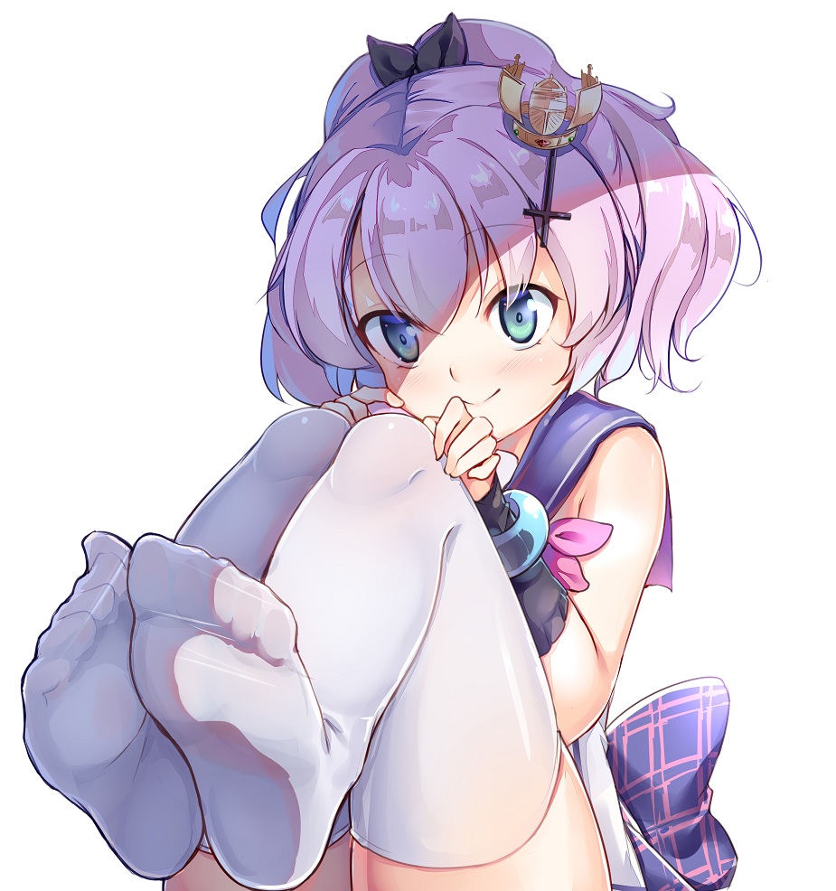 1girl, azur_lane, blue_eyes, crown, feet, female_focus, hair_ornament, hair_ribbon
