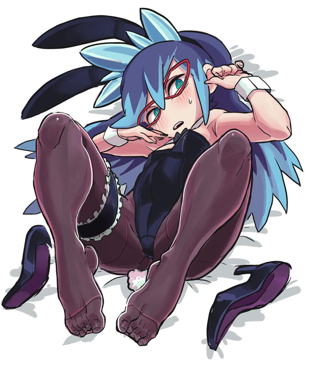 1girl, animal_ears, blue_hair, blush, fake_animal_ears, feet, fubukihime, gashi-gashi, high_heels, highres, long_hair, pantyhose, playboy_bunny, rabbit_ears, red-framed_eyewear, shoes, unworn_shoes, source_request, toes, youkai_watch, yukionna_(youkai_watch)