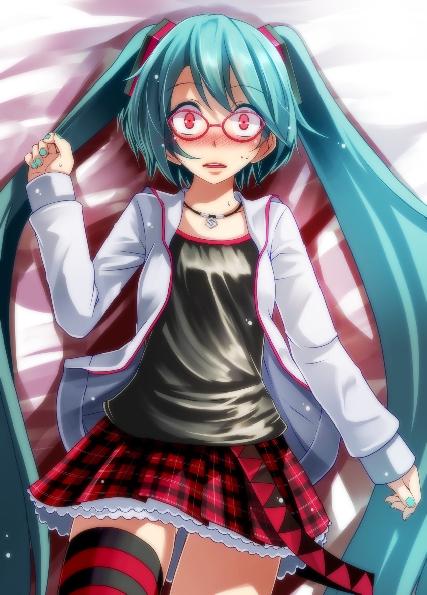 1girl, absurdres, aqua_hair, bad_id, bad_pixiv_id, bed_sheet, black_shirt, blue_nails